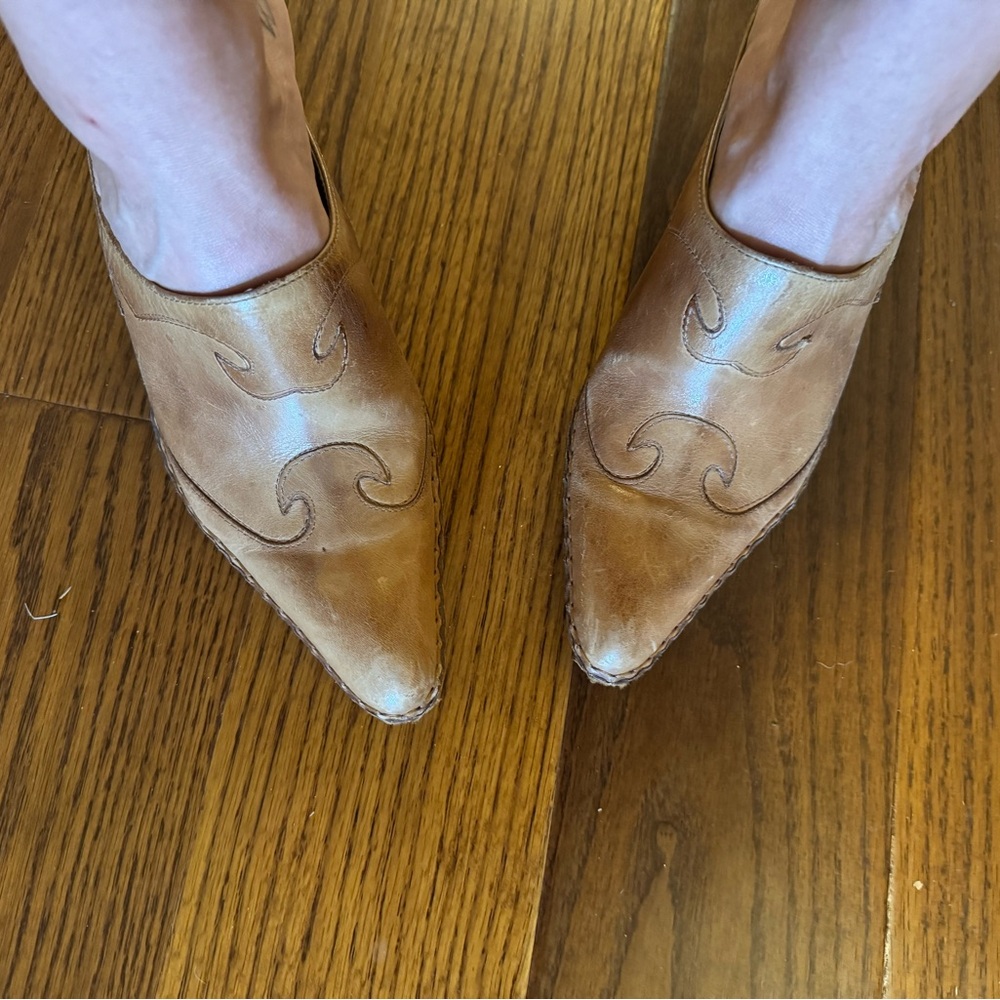 Frye Tan Leather Mules Western-Inspired